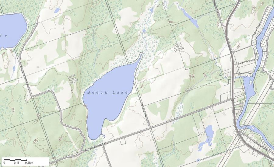 Topographical Map of Beech Lake in Municipality of Kawartha Lakes and the District of 